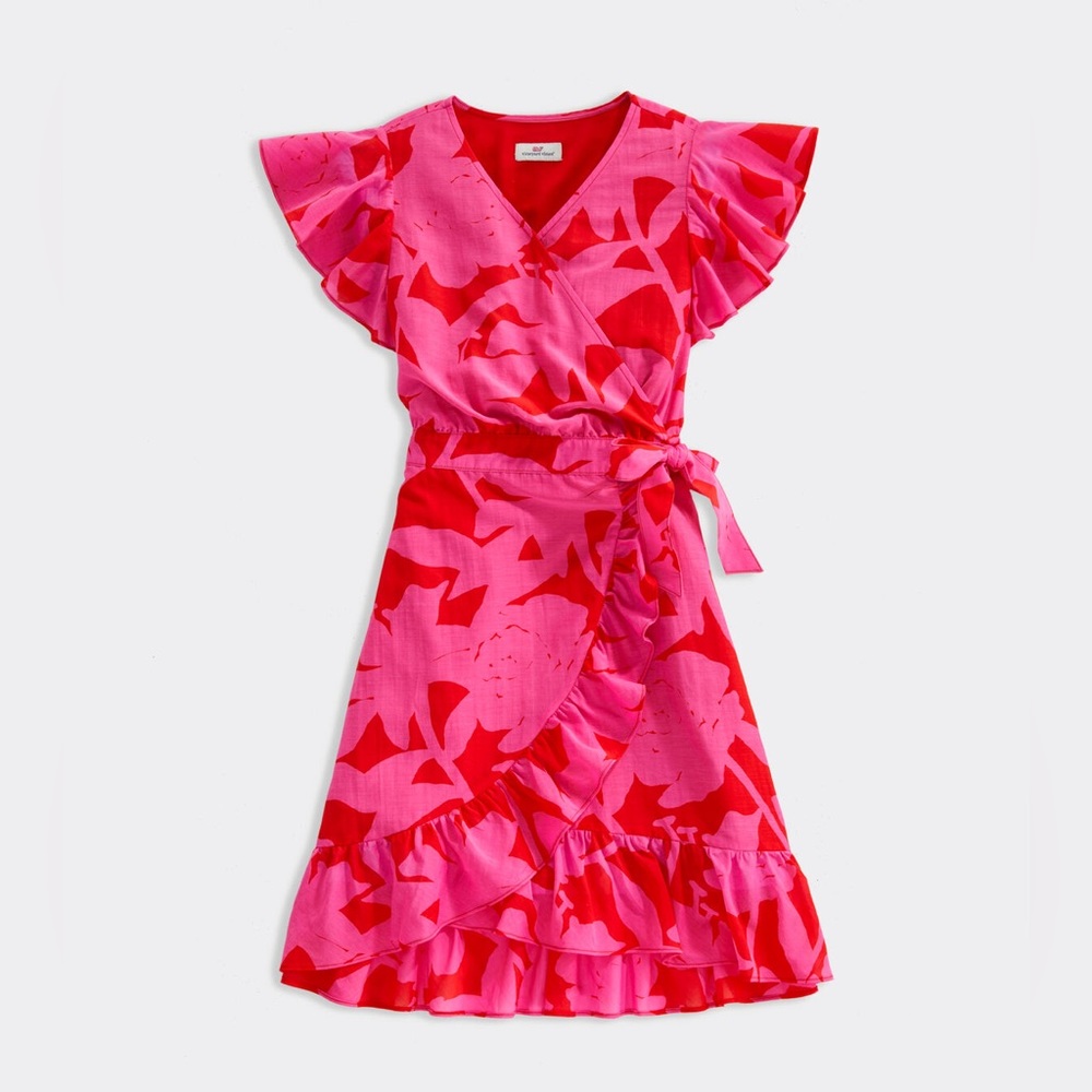 Vineyard Vines red & pink wrap dress w/ ruffle sleeves & hem. Size 14